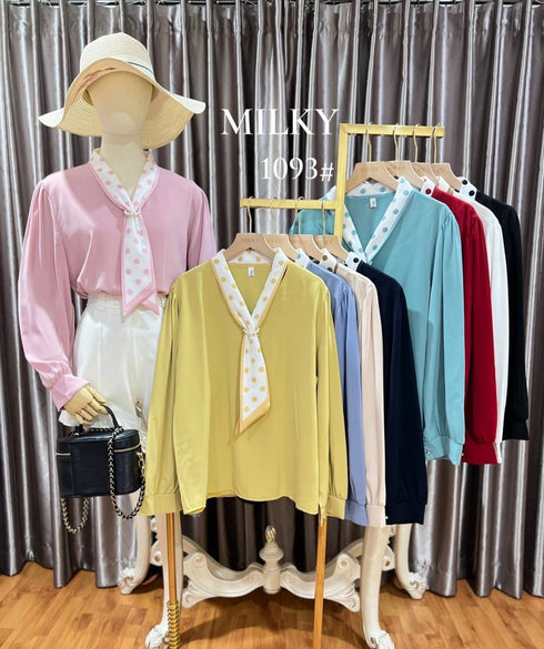 Women Casual Polka Dot Tie Tops With Pearl Decor